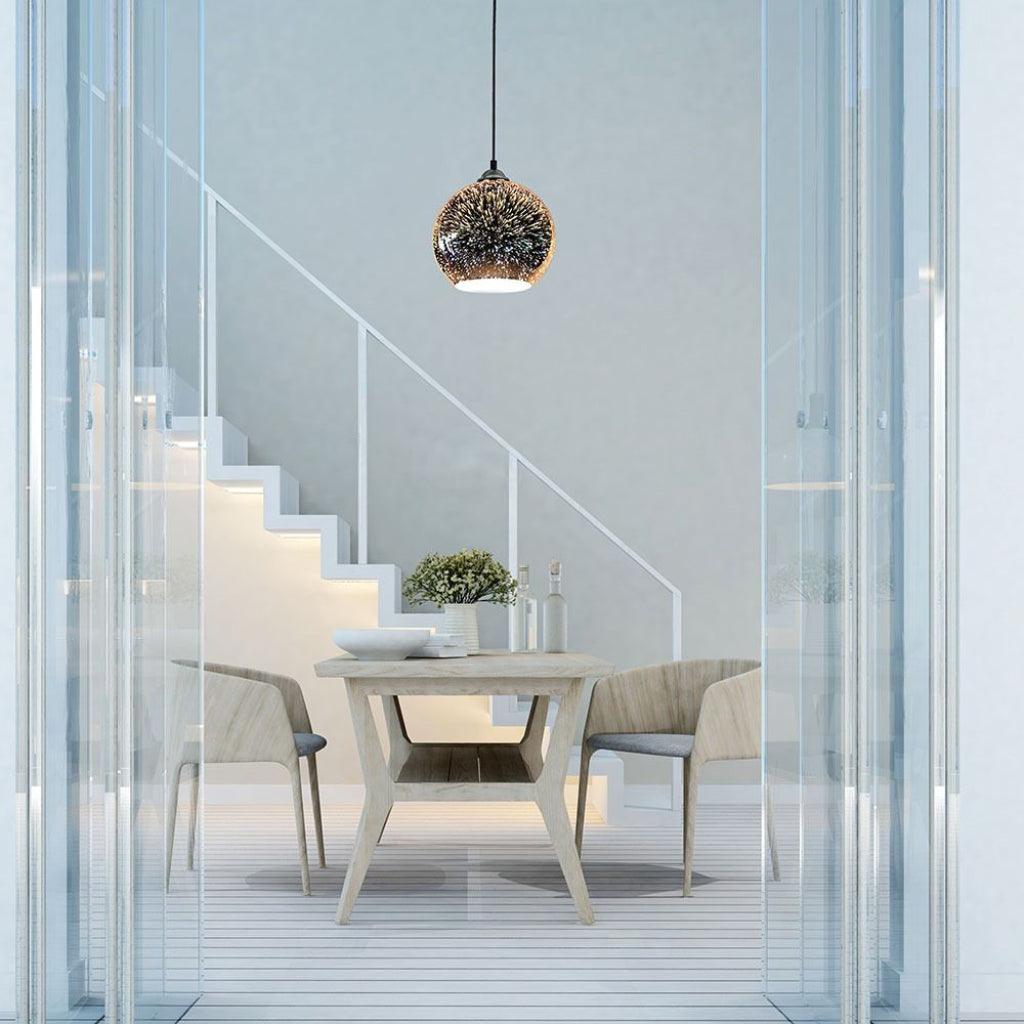 -TAC Lampadario LED a Sospensione 1xE27 campana in Vetro Colore Cromo Specchio con Effetto 3D D.25CM -TAC Lampadario LED a Sospensione 1xE27 campana in Vetro Colore Cromo Specchio con Effetto 3D D.25CM